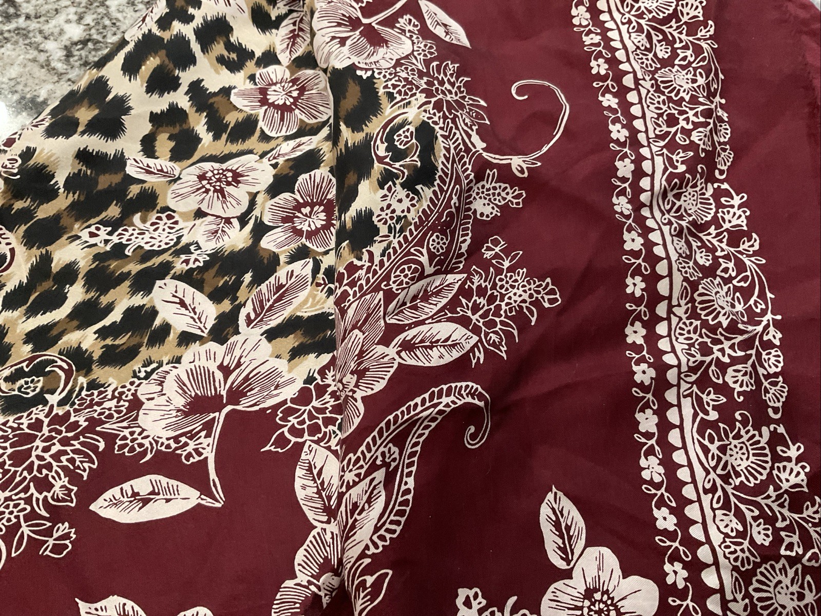 Adrienne Landau Studio Silk Blend 35” Square Bandana Maroon Leopard Scarf