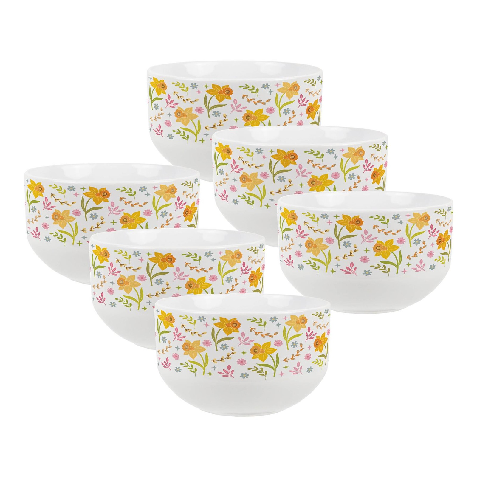 Yellow Daffodils Large Cereal Bowl Set - 6x Ceramic Floral Serving Bowls