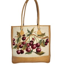 ISABELLA FIORE LG CHERRIES 🍒 JUBILEE MULTI TAPESTRY TOTE HANDBAG TAN LEATHER 