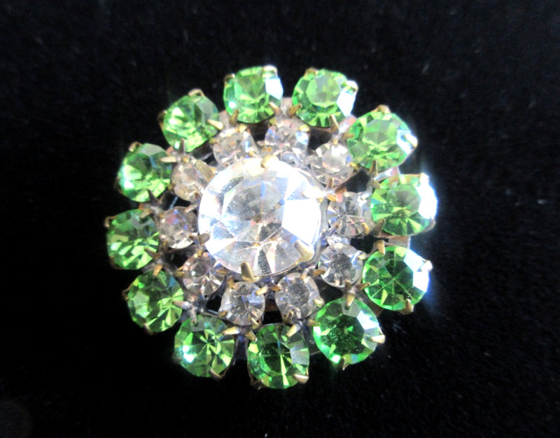 Beautiful Czech Vintage Style Glass Rhinestone Button    Crystal & Peridot Green