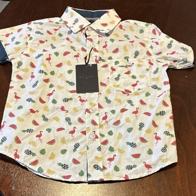 NWT.    Day & Age Boys Button-Up Shirt 4 Small Tropical Fruit Flamingo Print