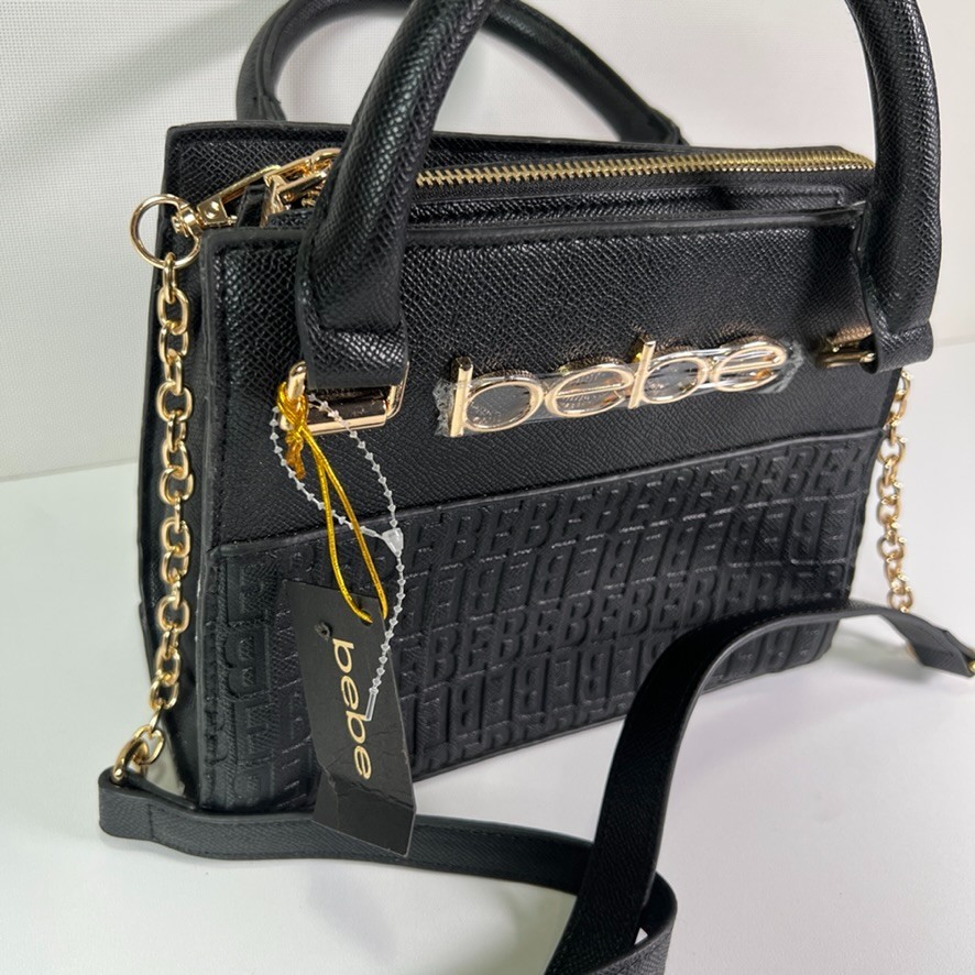 bebe Zuri Small Satchel Black Leather Shoulder Carry Bag Handbag