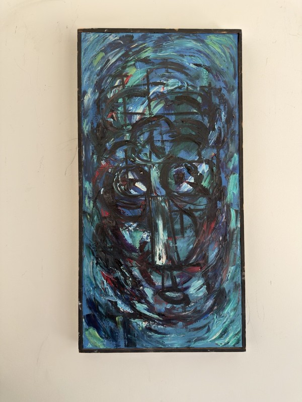Vintage Framed Abstract Face Painting On Canvas Mid Century Modern Wall Art