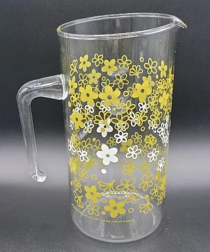 Vintage Pyrex Crazy Daisy Spring Blossom Glass Pitcher Green White Flowers 8"
