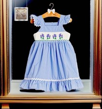 Girls NWT Stitchy Fish Smocked Dress Long Gingham Ruffles Free Bow 12 Months