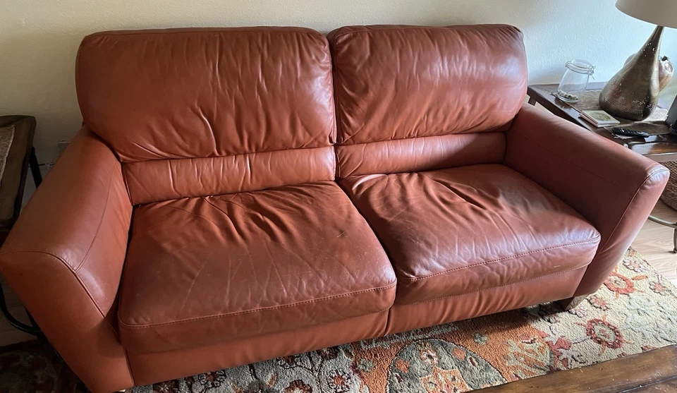 Vintage Burnt Orange Leather Sofa Couch Living Room Furniture - Image 3 of 4