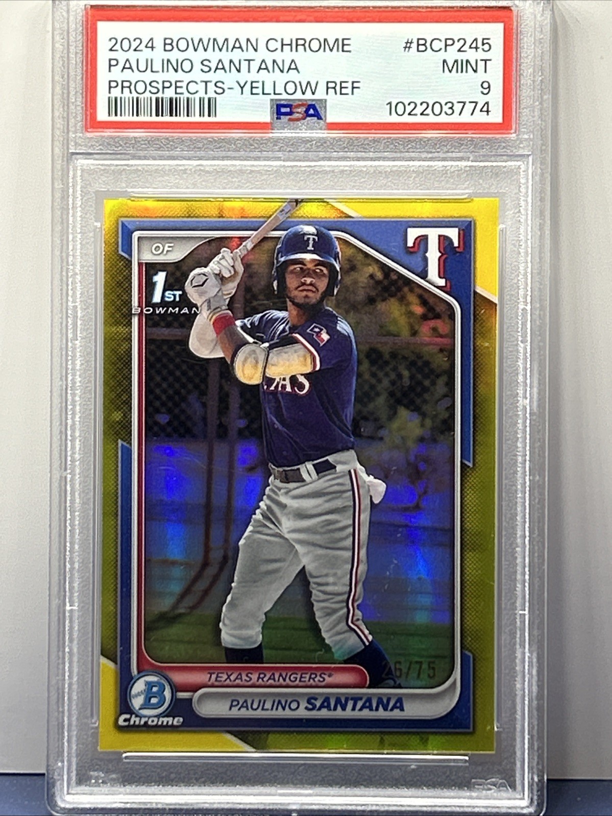 PSA 9 Paulino Santana 2024 Bowman Chrome Yellow Refractor 1st Bowman #26/75