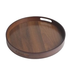Round Bamboo Wooden Serving Tray with Handles Walnut Finish 30x30x5cm