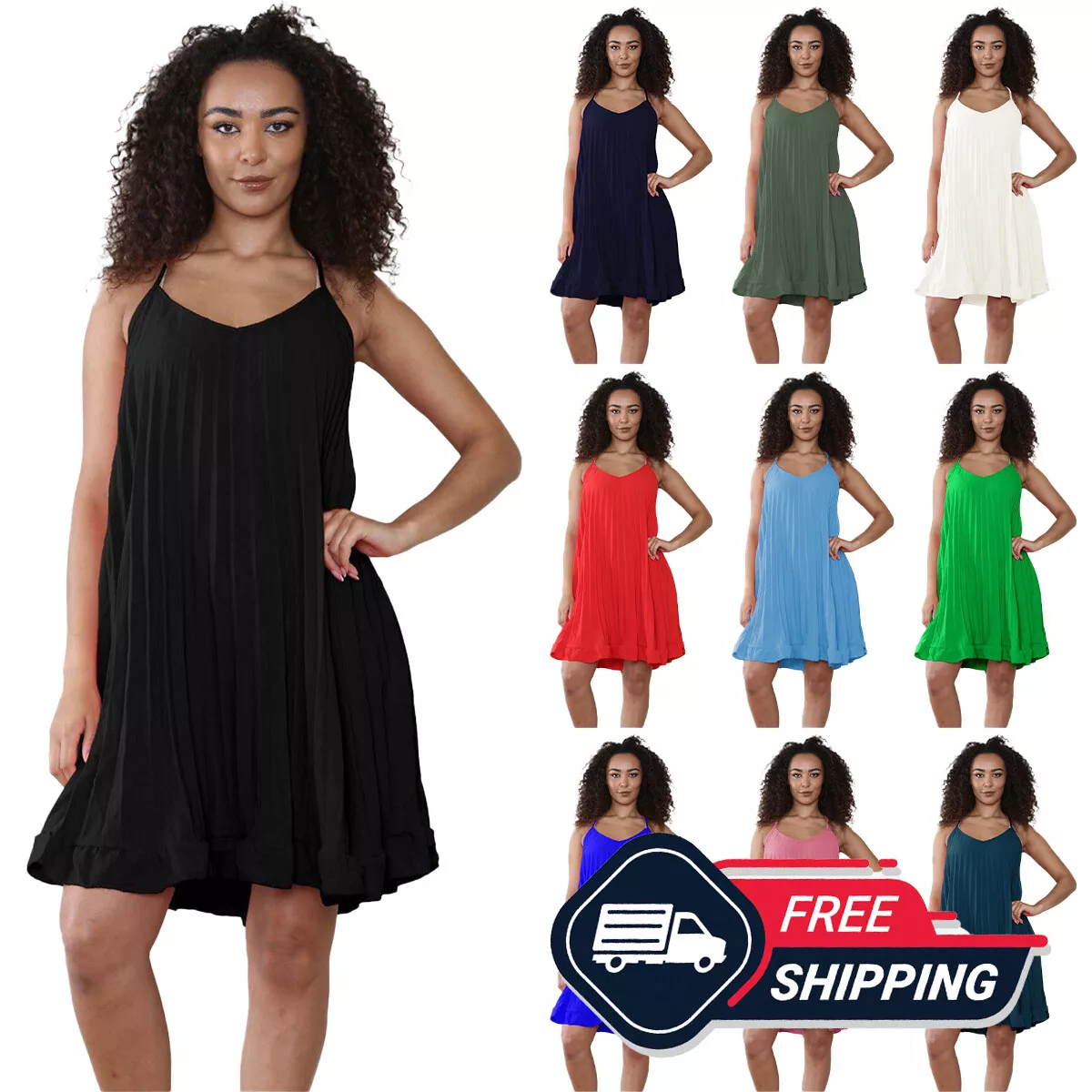 Robe femme italienne plissée col V cami balançoire femme été décontractée uni UK 8 26