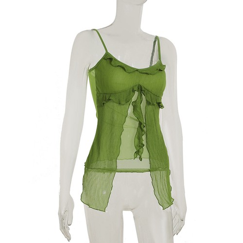 Damen Sexy Tank Top V-Ausschnitt Ärmellos Rüschen Camisole Spaghettiträger Club Shirt - Bild 9 von 30