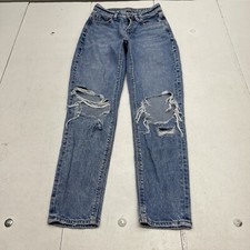 American Eagle Strigid Blue Distressed Mom Jeans Women s Size 00 Short