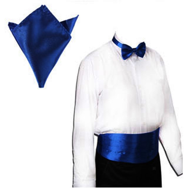 Formal Royal Blue Pre Tied Bow Pocket Square Hanky Cummerbund Set