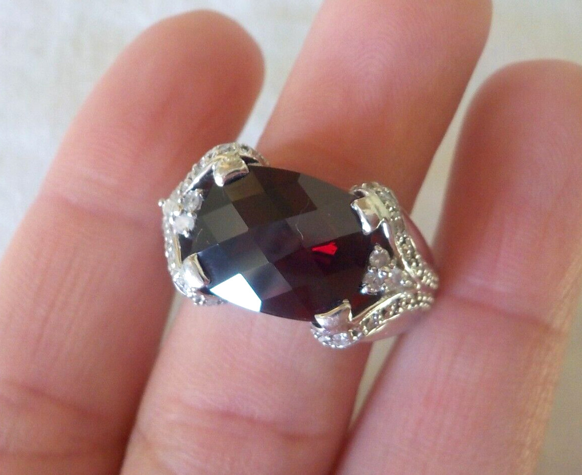 Heavy Solid Platinum Checkered Garnet Diamond Rin… - image 5