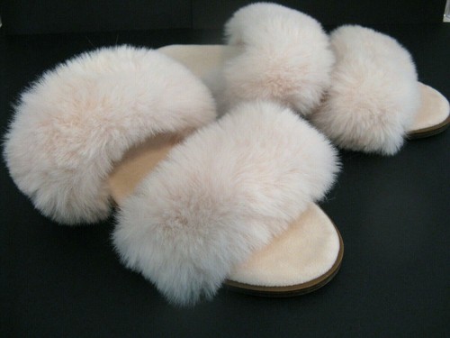LOFT Women's Faux Fur Double Strap Slippers Size 7-8 Ivory Cream NWOT - Picture 2 of 7