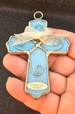 Vtg stained glass cross " Guardian Angel" suncatcher