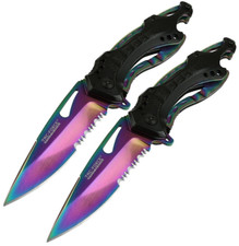 2x 8" Spring Assisted Open Rescue Tactical Pocket Knife Folding Rainbow Blade