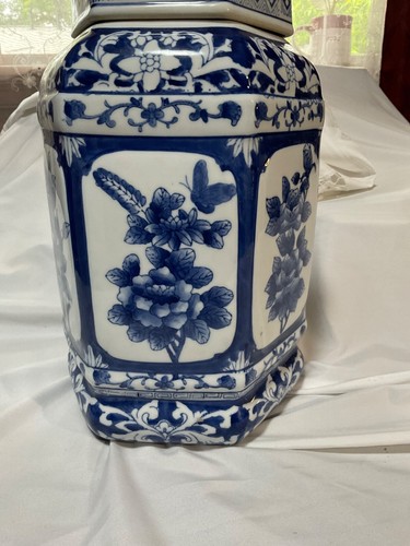 Vintage 15" Chinoiserie sechseckig XL blau und weiß chinesische Tempeltopf Vase Ging FOO - Bild 9 von 10