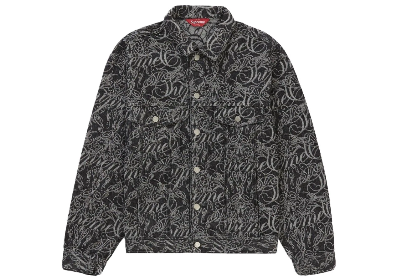 VESTE DE CAMIONNEUR EN DENIM SUPREME SCRIPT JACQUARD NOIR TAILLE GRANDE FW22 SEMAINE 10