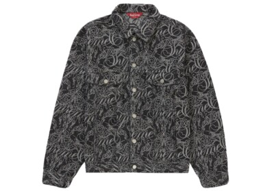 SUPREME SCRIPT JACQUARD DENIM TRUCKER JACKET BLACK SIZE SUPREME SCRIPT JACQUARD DENIM TRUCKER JACKET BLACK SIZE