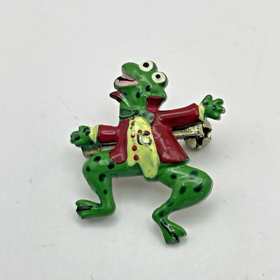 Vintage Frog Prince Brooch Fairytale Dancing Dressed Metal Scatter Pin Painted
