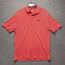 Under Armour Polo Shirt Mens Large Coral Pink Striped Short Sleeve Heatgear