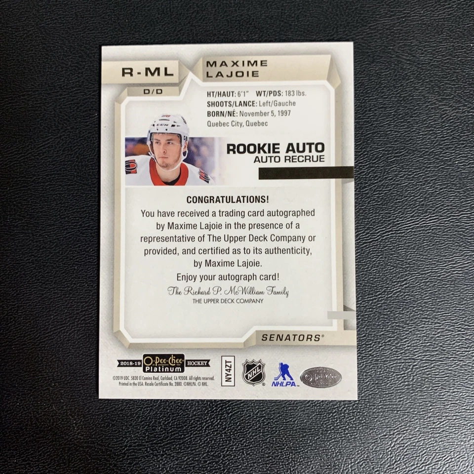2018-19 O-Pee-Chee Platinum Rookie Autographs #RML Maxime Lajoie RC AUTO - Image 2 of 2