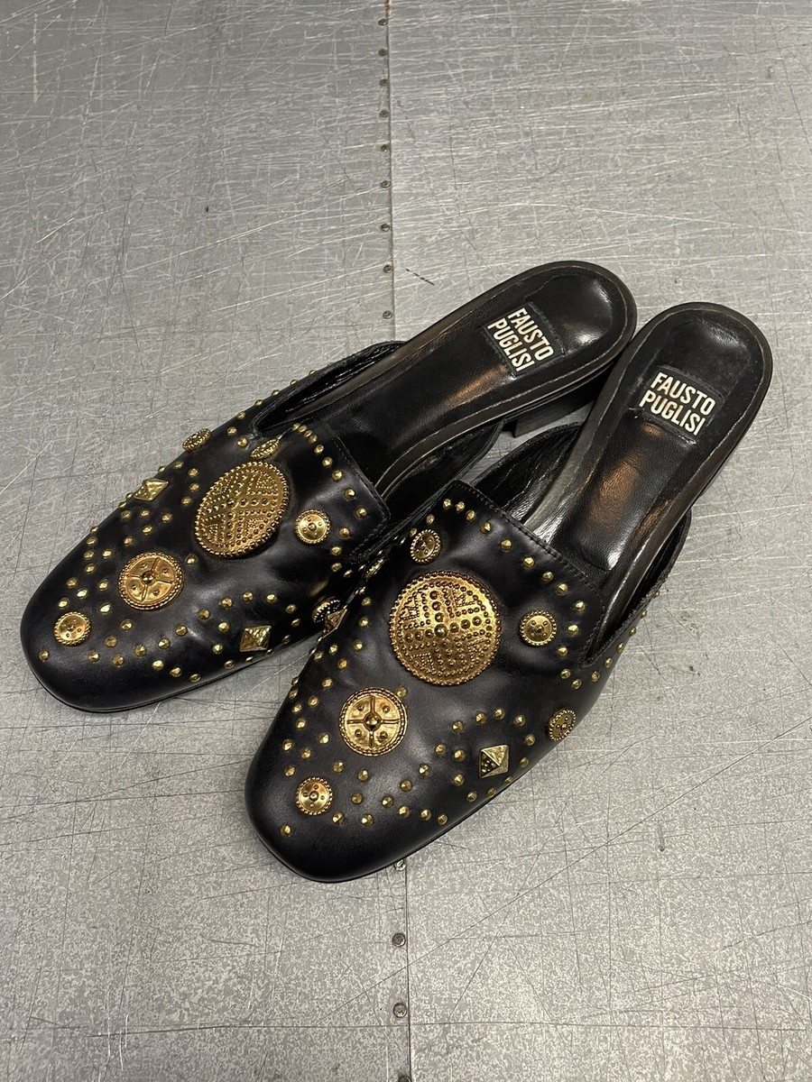 Fausto Puglisi Black Leather Gold Accent - Flat Slip On / Sandals 
