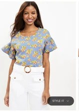LOFT Blue Citrus Orange Print Top Drop Sleeve 100% Cotton Size XL