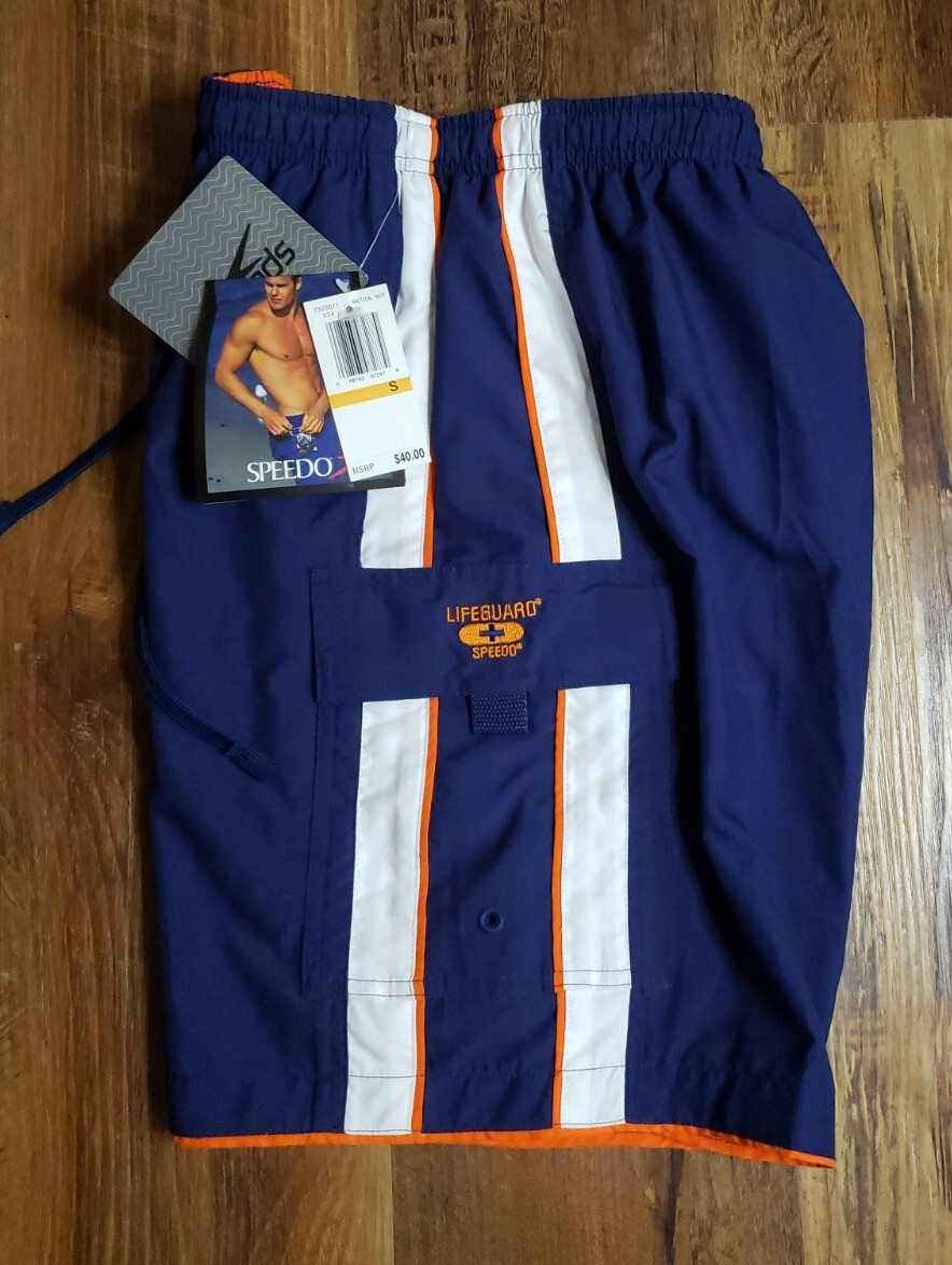 SPEEDO LIFEGUARD MENS BLUE ORANGE BOARD SHORTS SWIM TRUNKS SIZE S NEW