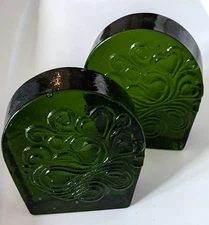 Vintage Blenko Green Swirl and Heart Bookends Pair Set 6.25" Tall