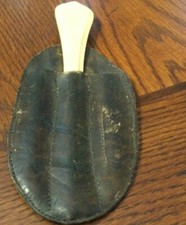 Antique Celluloid Handle Button Hook Tool In Old Leather Pouch