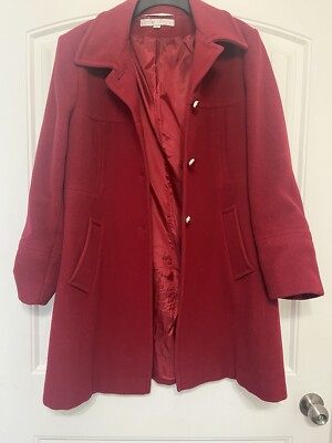 LARRY LEVINE VIBRANT RED WOOL PEA COAT WOMENS SIZE 12 SPECIAL BUTTONS NOTPLASTIC