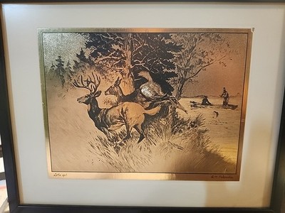 Vintage Mid 20thC R.H. Palenske  Let s Go  Fishing Boat & Deer Etching Print
