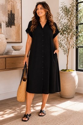Torrid Women's Size 0 Black Midi Shirt Dress Button Front High Low Chiffon Plus