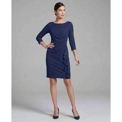 Jessica Howard Metallic Blue Ruffle Sheath Dress 14P JH2-3537 Cocktail Party