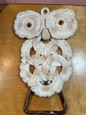 Crocheted Owl Towel Holder Wall Decor Handmade Retro 70s Kitsch