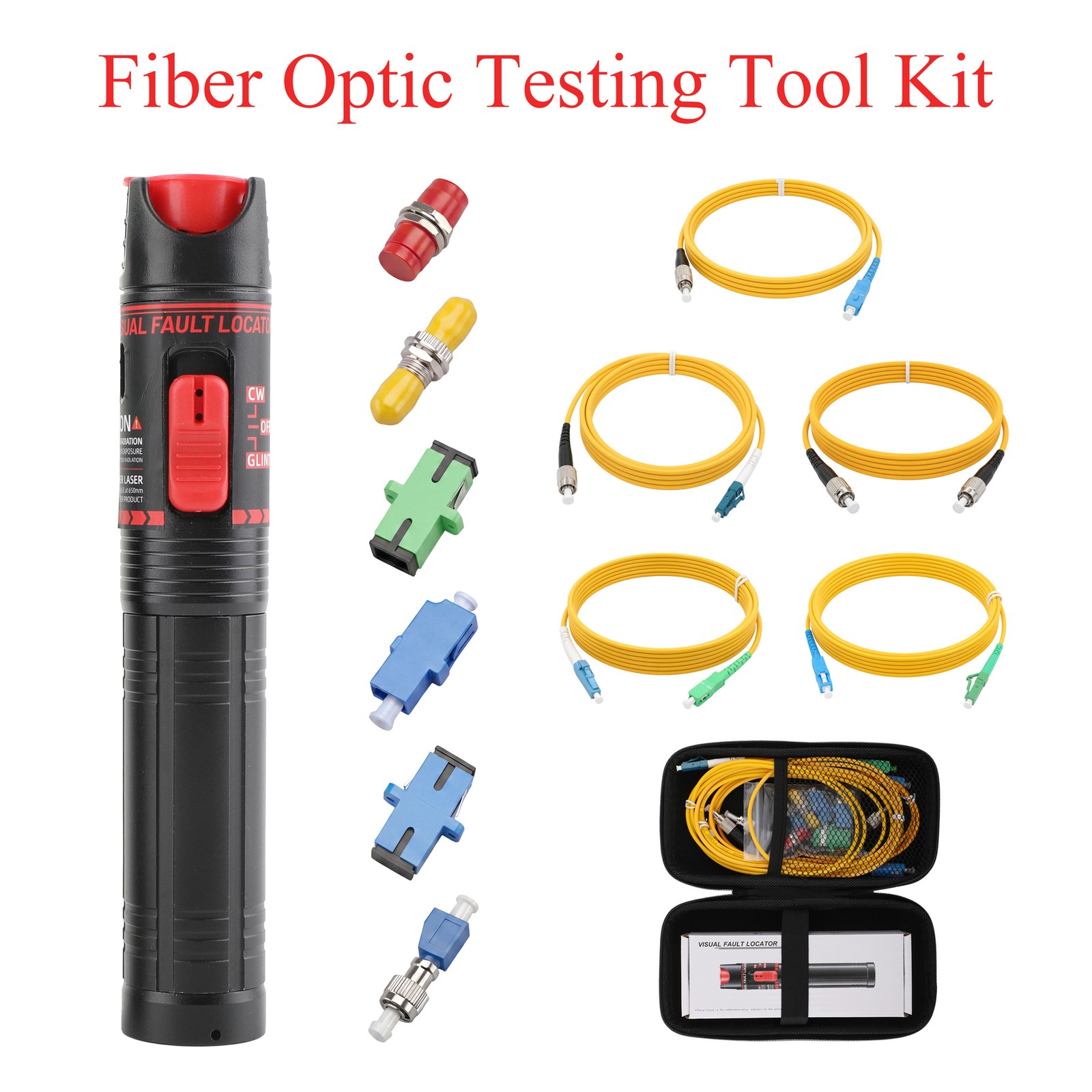 12PCS FTTH Rechargeable Visual Fault Locator Kit, Adapter, with 5 Patch Cables