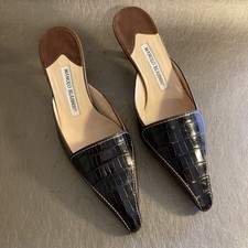 Manolo Blahnik Mules 2 Tone Brown Leather Kitten Heel Shoes Sz 37 US 7