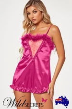NEW Seven Til Midnight Vintage Glam Pink Crepe Babydoll with Marabou Trim
