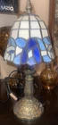 Vintage Blue & White Tiffany Style Stained Glass 12" Brass Lamp