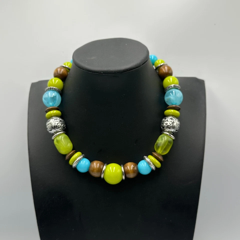 Green Chunky Beaded Necklace Blue Brown Silver Tone Mixed Beads Statement - Image 3 of 4