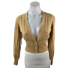 NEW Aritzia Wilfred Plunge Front Beige Ribbed Cropped Cardigan Sweater Top Sz XS