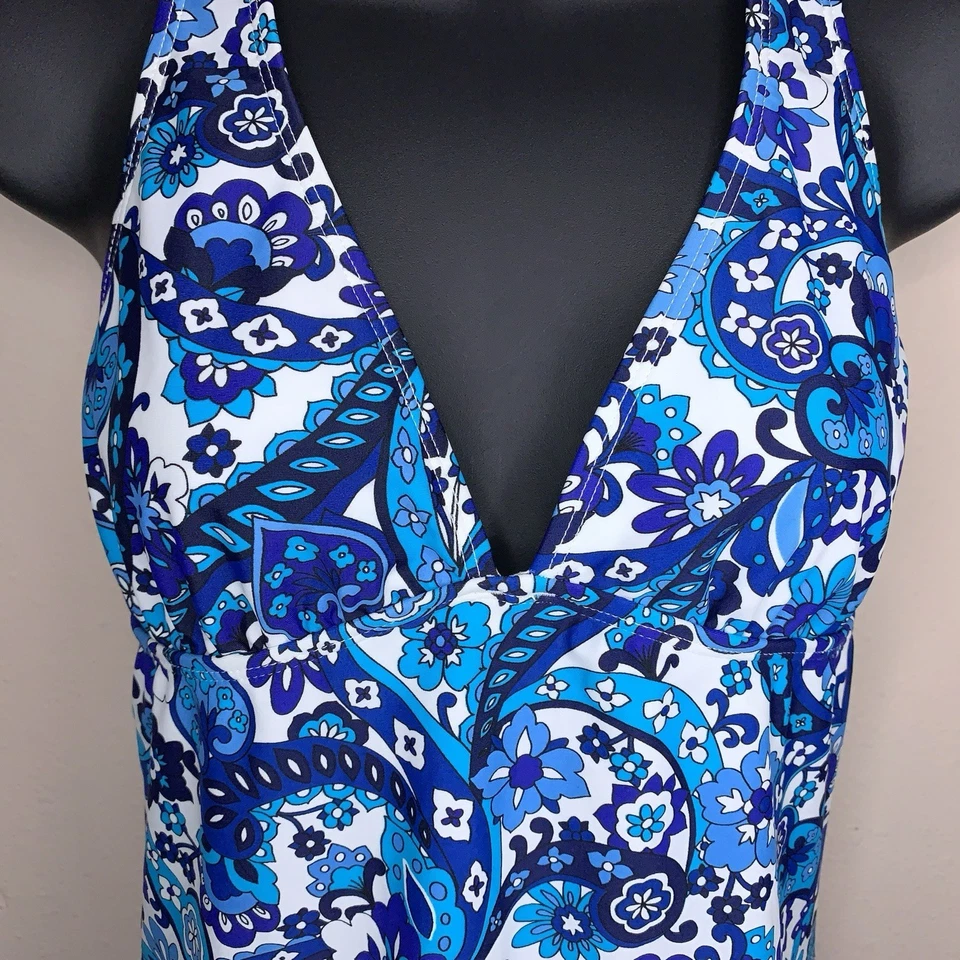 Camiseta sin mangas mediana antigua azul marino blanca escote profundo halter corbata cachemira boho Foto 4 de 4