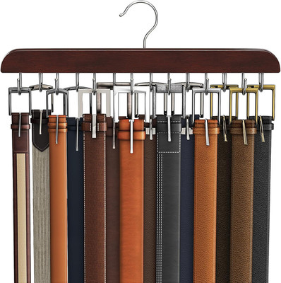 Wood Belt Hanger Closet Organizer 14 Hooks 42 Belt Storage Rack Mahogany