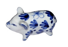 Porcelain Pig Ornament Japanese Decorated With Blue Flower & Pattern Small 5.5cm