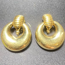 Monet Earrings Gold Tone Door Knocker Vintage Clip On  1.75 in