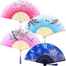 Folding Hand Fans 4 Pack Bamboo Silk Fabric Party Wedding Gift