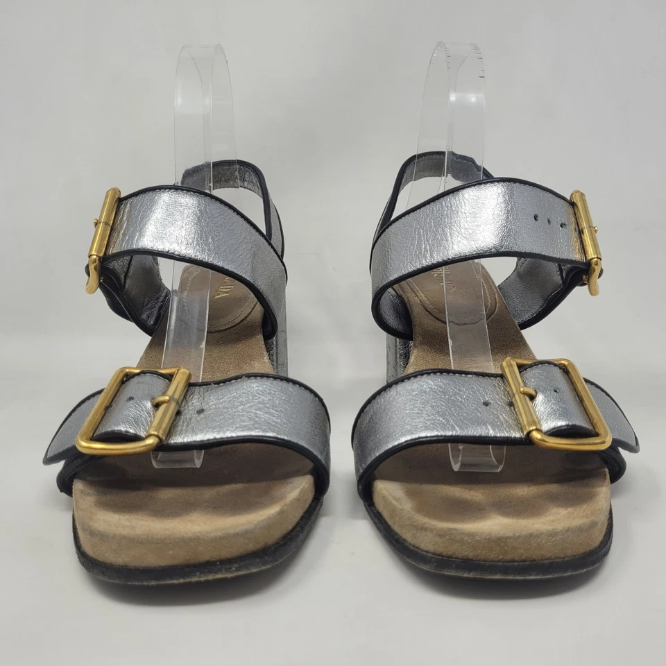 Prada Sandals IT40 US10 Silver Metallic Leather Block Heel Slingback Gold Buckle - Image 3 of 4
