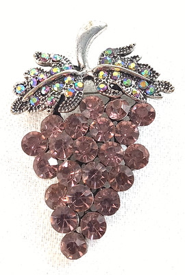 Women's Vintage Style Pin Brooch Grape Cluster Pink Rhinestones Silver Tone