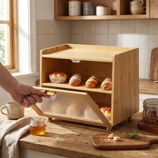 2-Tier Wood Bamboo Bread Box with Acrylic Door - Space-Saving Design Countertop